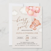 ベビーベア、ピンクバルーン、第1誕生日 招待状 (正面)