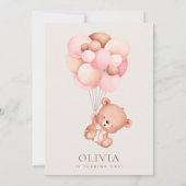 ベビーベア、ピンクバルーン、第1誕生日 招待状 (裏面)