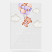 ベビーベア、紫色のバルーン、ベビーシャワーへようこそ アクリルサイン (正面)