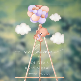 ベビーベア、紫色のバルーン、ベビーシャワーへようこそ アクリルサイン