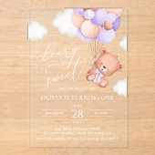 ベビーベア、紫色のバルーン、最初の誕生日 アクリル招待状 (正面)