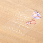 ベビーベア、紫色のバルーン、最初の誕生日 アクリル招待状 (レイダウン)