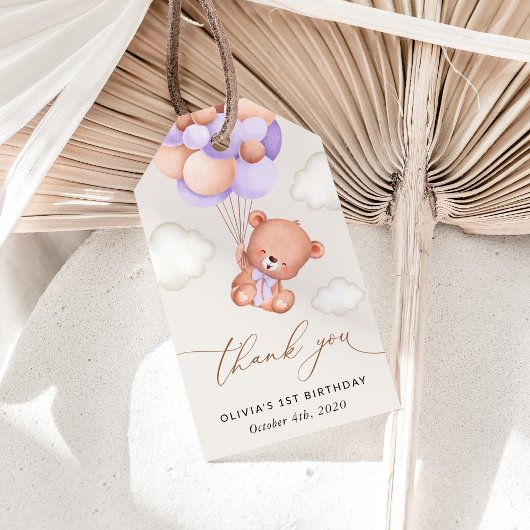 ベビーベア、紫色のバルーン、最初の誕生日 ギフトタグ