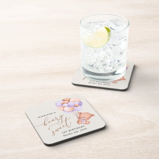 ベビーベア、紫色のバルーン、最初の誕生日 コースター (右側)