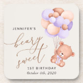 ベビーベア、紫色のバルーン、最初の誕生日 コースター (正面)