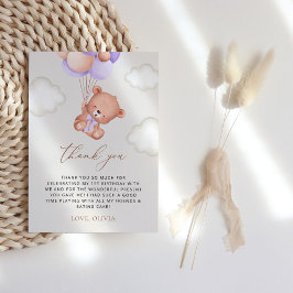 ベビーベア、紫色のバルーン、最初の誕生日 サンキューカード