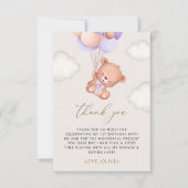 ベビーベア、紫色のバルーン、最初の誕生日 サンキューカード (正面)