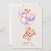 ベビーベア、紫色のバルーン、最初の誕生日 招待状 (裏面)