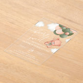 ベビーベア、緑のバルーン、最初の誕生日 アクリル招待状 (レイダウン)