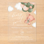 ベビーベア、緑のバルーン、最初の誕生日 アクリル招待状 (正面)