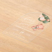 ベビーベア、緑のバルーン、最初の誕生日 アクリル招待状 (レイダウン)