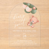 ベビーベア、緑のバルーン、最初の誕生日 アクリル招待状 (正面)