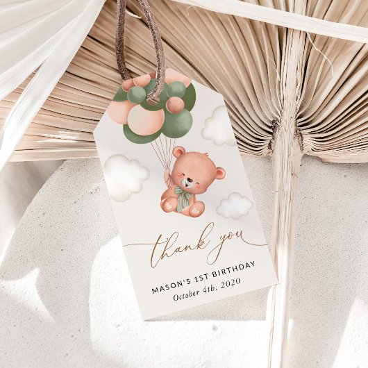 ベビーベア、緑のバルーン、最初の誕生日 ギフトタグ