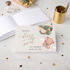 ベビーベア、緑のバルーン、最初の誕生日 ゲストブック