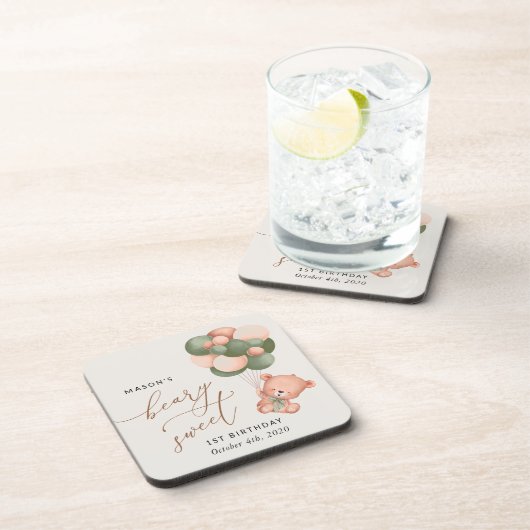 ベビーベア、緑のバルーン、最初の誕生日 コースター (右側)