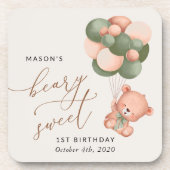 ベビーベア、緑のバルーン、最初の誕生日 コースター (正面)