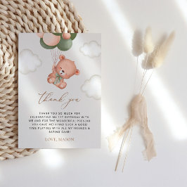 ベビーベア、緑のバルーン、最初の誕生日 サンキューカード