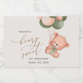 ベビーベア、緑のバルーン、最初の誕生日 スパークリングワインラベル (シングルラベル)