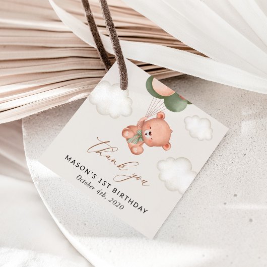 ベビーベア、緑のバルーン、最初の誕生日 フェイバータグ