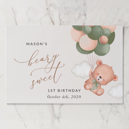 ベビーベア、緑のバルーン、最初の誕生日 ペーパーパッド (正面)