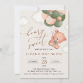 ベビーベア、緑のバルーン、最初の誕生日 招待状 (正面)