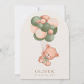 ベビーベア、緑のバルーン、最初の誕生日 招待状 (裏面)