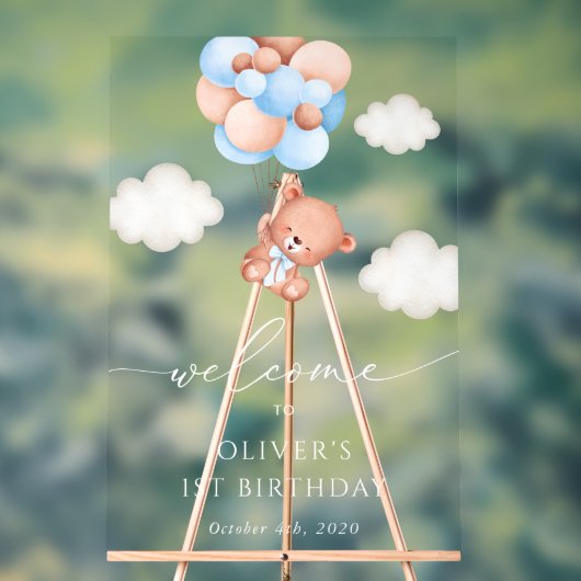 ベビーベア、青いバルーン、最初の誕生日へようこそ アクリルサイン (ニュートラル)