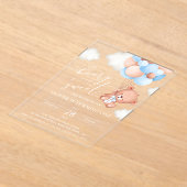 ベビーベア、青いバルーン、最初の誕生日 アクリル招待状 (レイダウン)