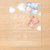 ベビーベア、青いバルーン、最初の誕生日 アクリル招待状 (正面)
