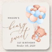 ベビーベア、青いバルーン、最初の誕生日 コースター (正面)