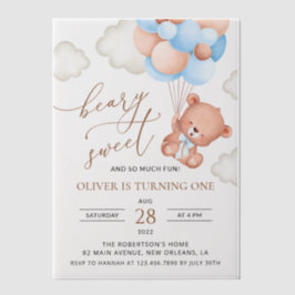 ベビーベア、青いバルーン、最初の誕生日 ベラム紙招待状