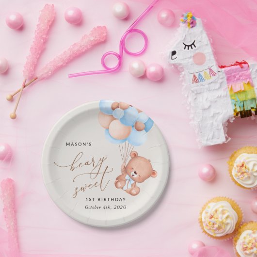 ベビーベア、青いバルーン、最初の誕生日 ペーパープレート (パーティー)