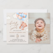 ベビーベア、青いバルーン、最初の誕生日 招待状 (正面)
