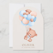 ベビーベア、青いバルーン、最初の誕生日 招待状 (裏面)
