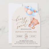 ベビーベア、青いバルーン、最初の誕生日 招待状 (正面)