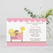 ベビーベッド(ピンク)の中のジャングルの動物たち 招待状 (スタンド正面)