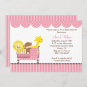 ベビーベッド(ピンク)の中のジャングルの動物たち 招待状 (正面/裏面)