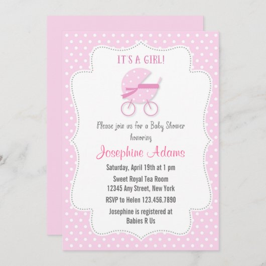 ベビーベビーカー赤ちゃんシャワー招待状ピンク 招待状 (正面/裏面)
