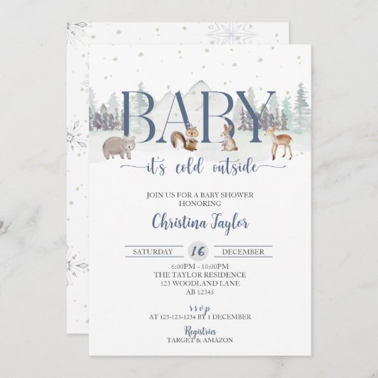 ベビーベビーシャワー外は冷たい冬のシャワー 招待状 (正面/裏面)