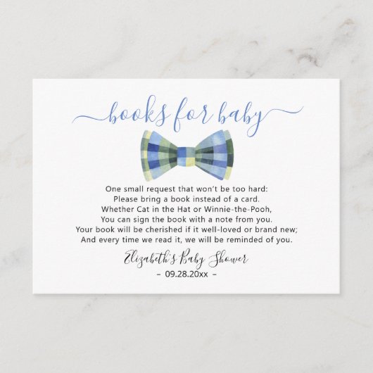 ベビーベビーシャワー用の蝶ネクタイ本 エンクロージャーカード (正面)