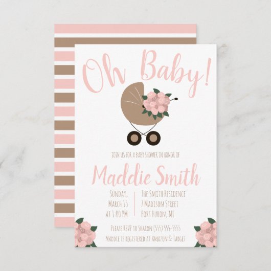 ベビーベビースシャワー付きフローラベビーカー 招待状 (正面/裏面)