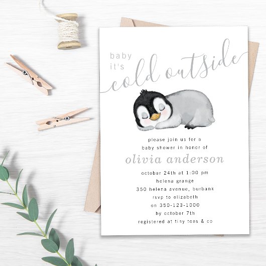 ベビーペンギンの外で冷たいベイビーシャワー 招待状