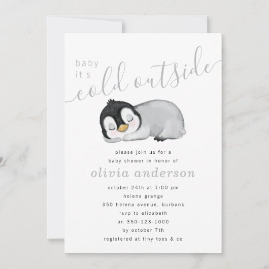 ベビーペンギンの外で冷たいベイビーシャワー 招待状 (正面)