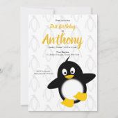 ベビーペンギンイエローブラックファースト誕生日 招待状 (正面)