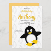 ベビーペンギンイエローブラックファースト誕生日 招待状 (正面/裏面)