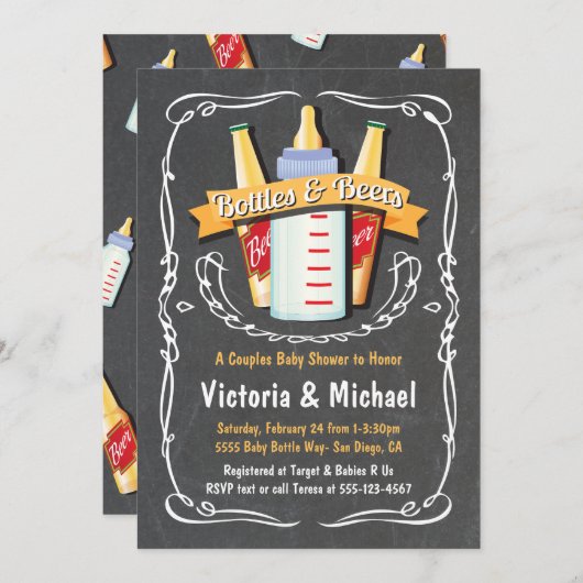 ベビーボトルとビアーベビーシャワーシャルボード 招待状 (正面/裏面)