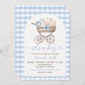 ベビーボトルキャリッジブルージンガムベビーシャワー 招待状 (正面/裏面)