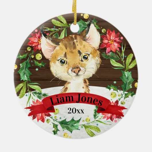 ベビーボブキャットウォーター色の動物キッズクリスマス セラミックオーナメント (裏面)