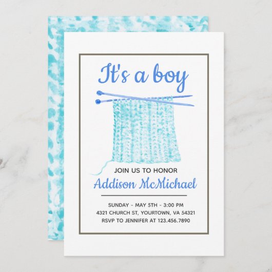 ベビーボーイの編みケット 招待状 (正面/裏面)