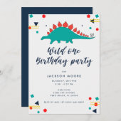 ベビーボーイワイルドワン恐竜1歳の誕生日 招待状 (正面/裏面)